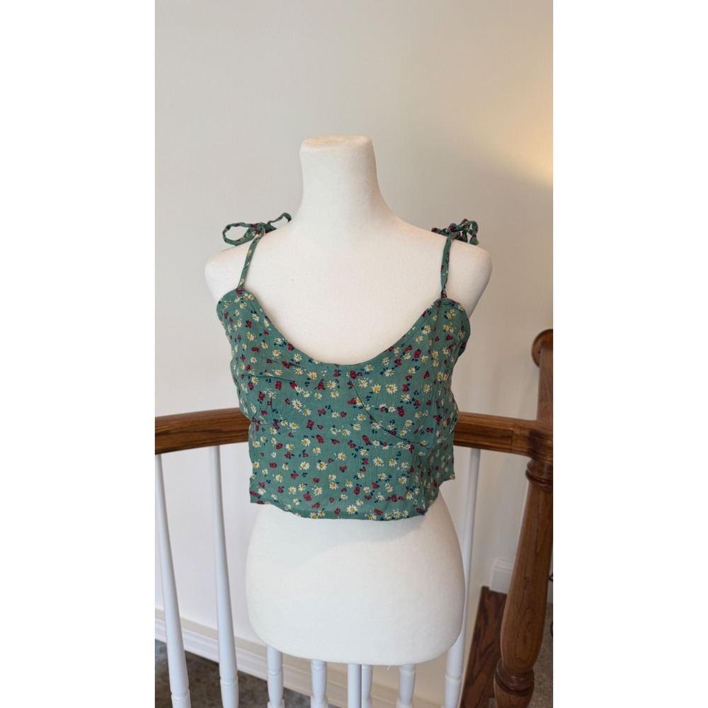 Melrose Place M Green Floral Cotton Tie Strap Sweetheart Neck Cropped Knit